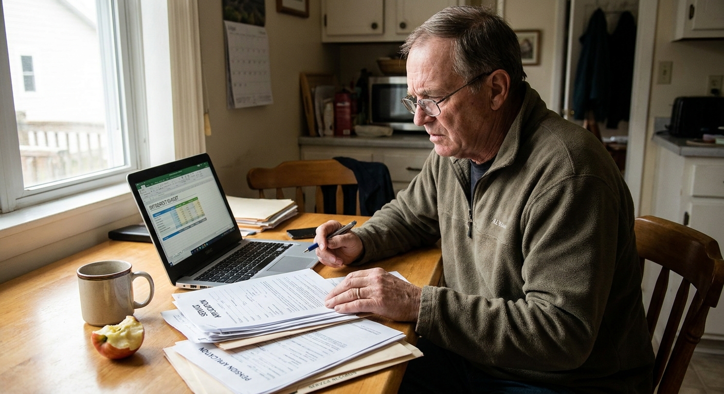 A public-sector employee sitting at a kitchen table reviewing retirement paperwork and a laptop budget spreadsheet in natural window light, realistic photo