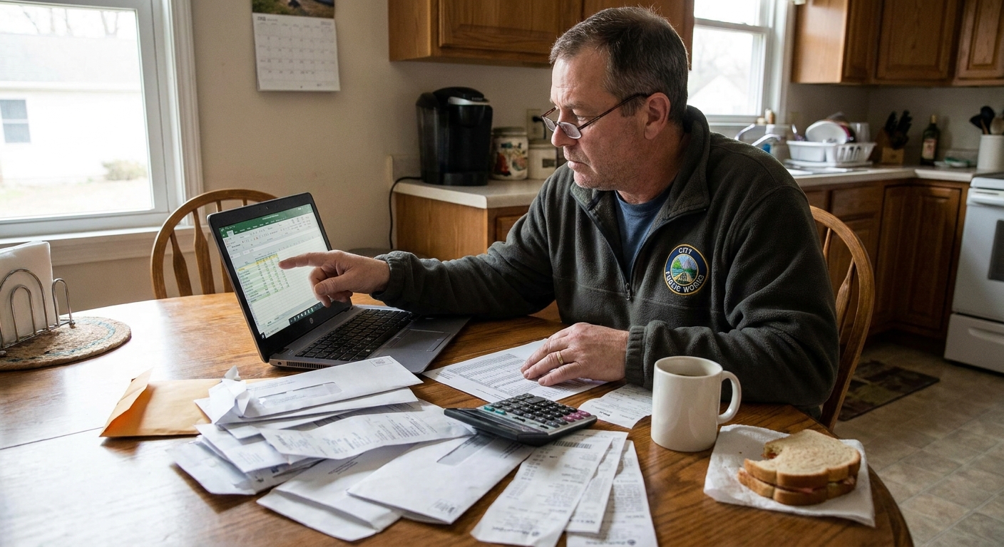 A public service worker sitting at a dining table at home reviewing a monthly budget with a laptop and papers, realistic photography