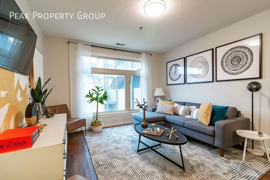 A real apartment living room with a sofa, TV stand, and personal belongings in a tidy rental space, natural window light