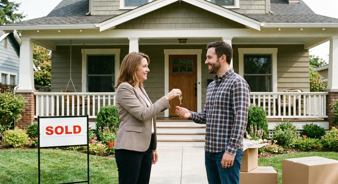 A real estate agent handing house keys to a smiling homeowner at the front door of a suburban home, real photo