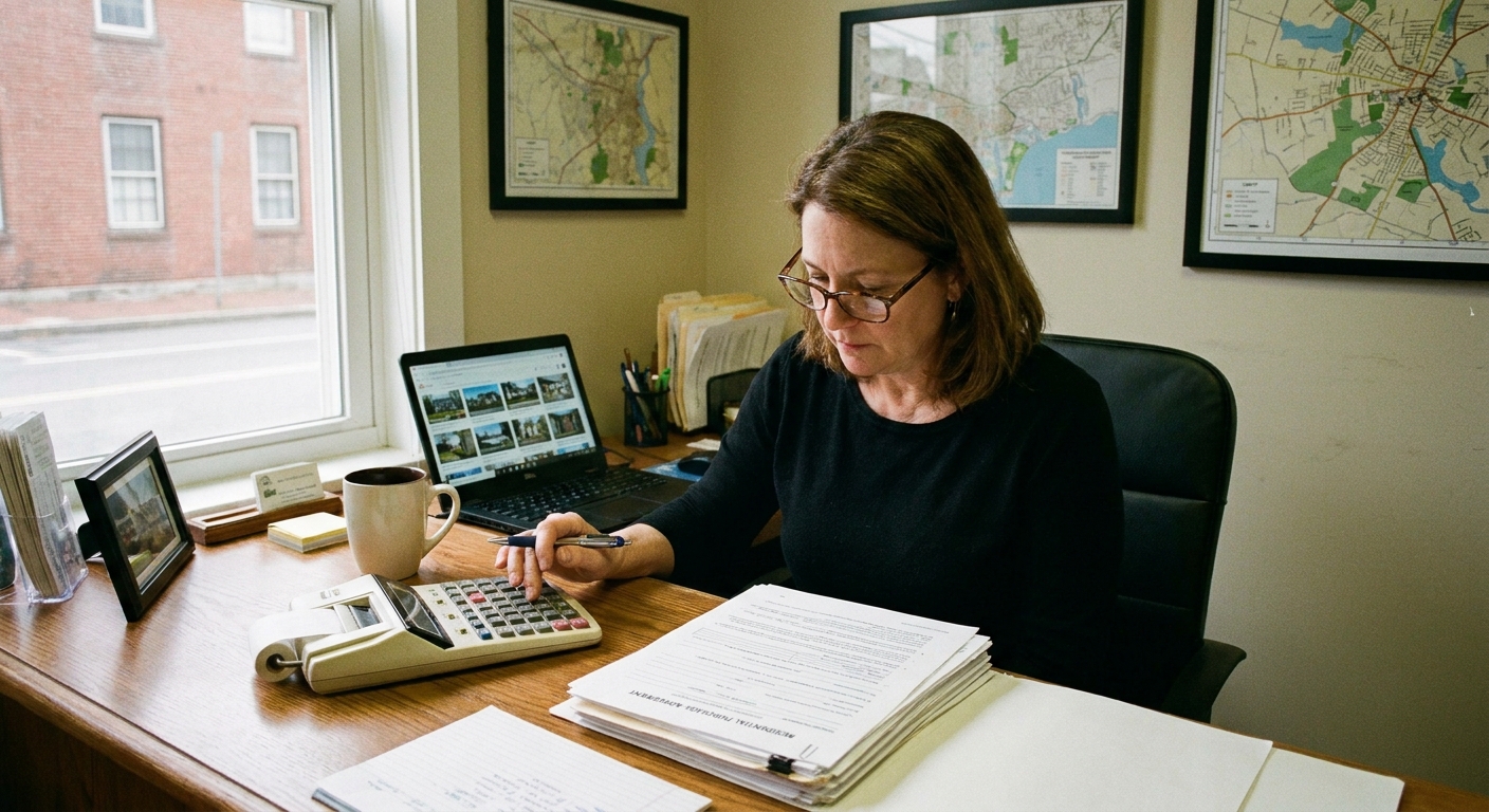 A real estate agent sitting at a desk reviewing a purchase offer with a calculator and paperwork in a small office, realistic photography style