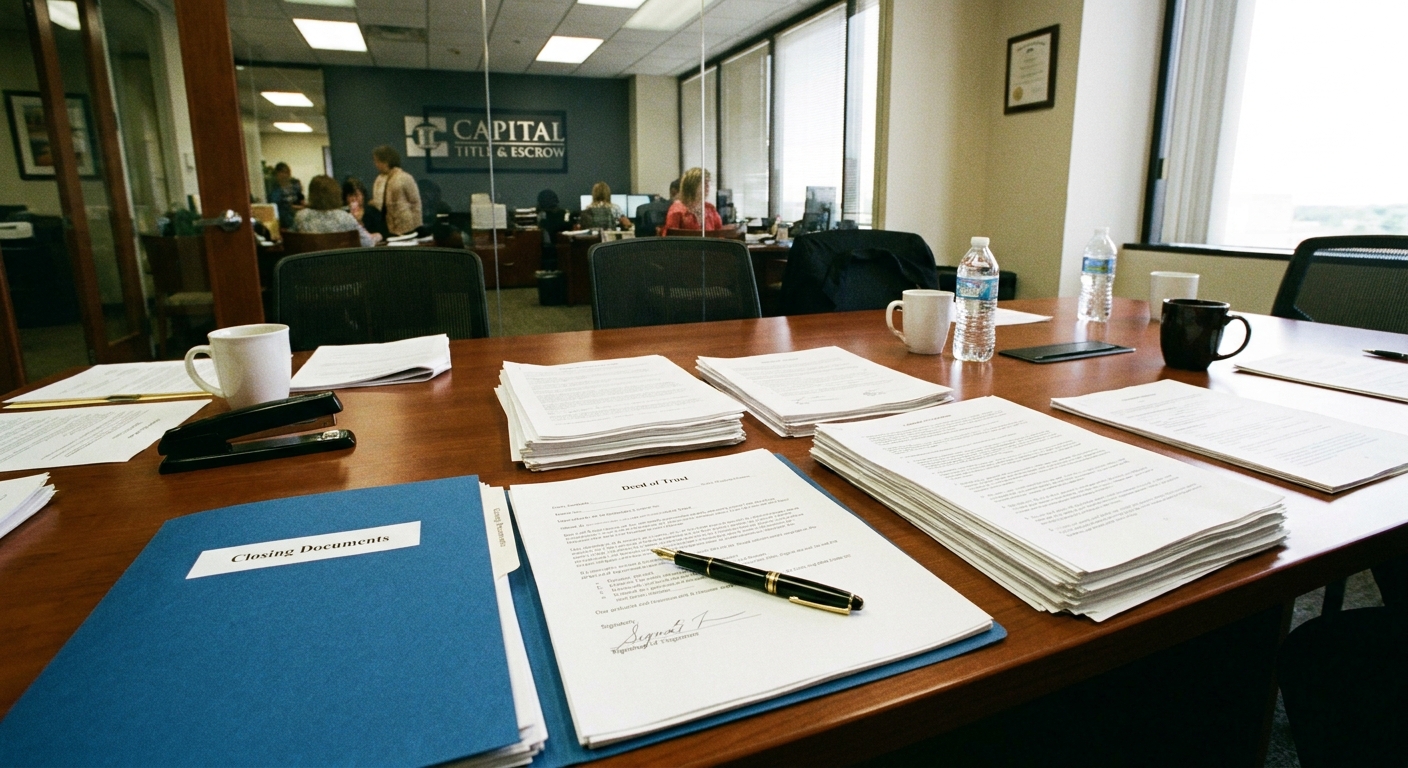 A real estate closing table inside a title company office with documents spread out and a pen ready to sign, realistic photo