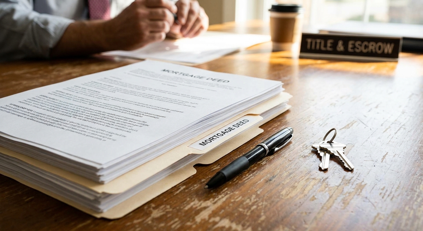 A real estate closing table with a stack of mortgage and title documents, a pen, and house keys on a wooden surface, candid photography style