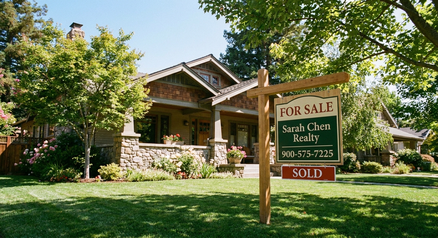 A real estate for-sale sign in the front yard of a well-kept suburban home on a clear day, realistic photography style
