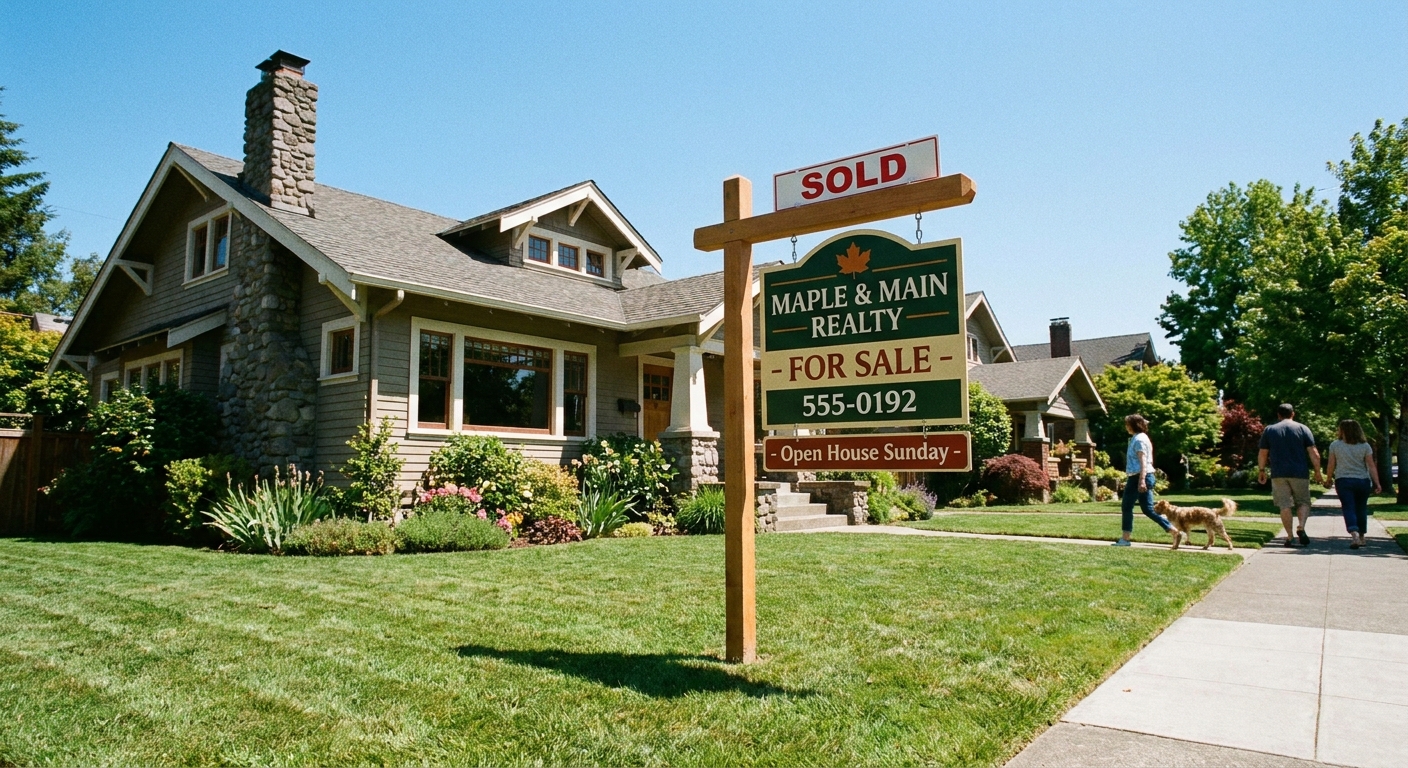 A real estate for sale sign in the front yard of a suburban home on a clear day, real photography style