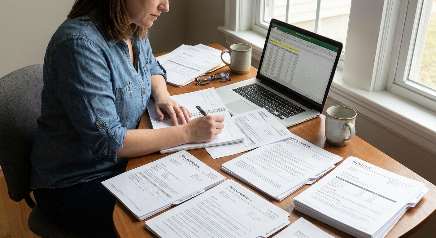 A real-life photograph of a borrower organizing printed student loan statements and a notebook on a tidy desk with a laptop open