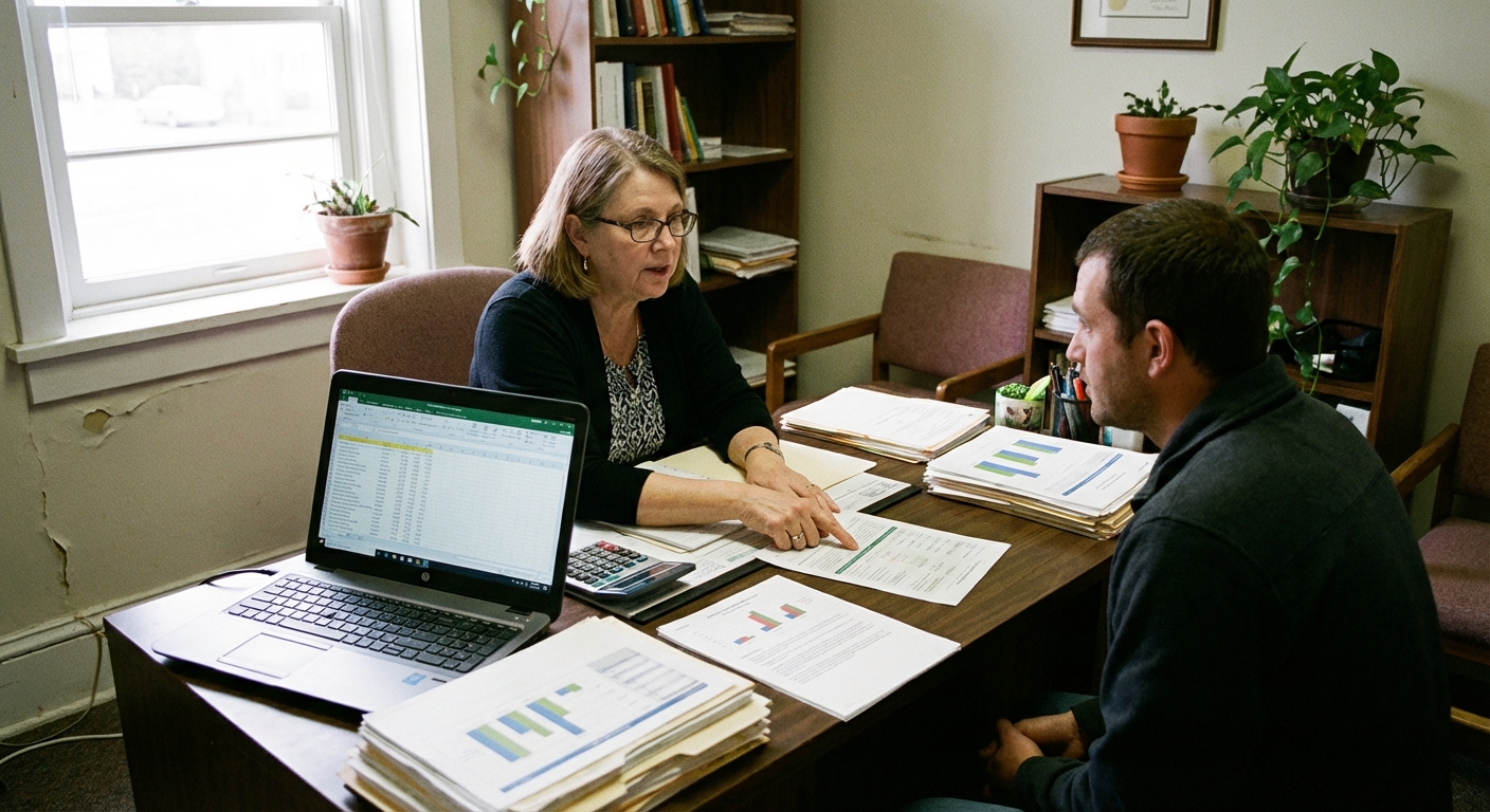 A real photo of a credit counseling professional meeting with a client in a modest office, with a laptop open and paperwork on the desk, natural light