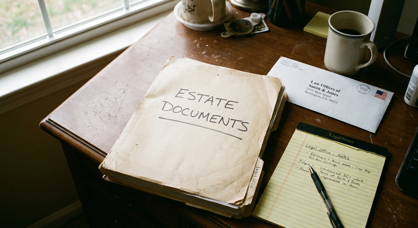 A real photo of a manila folder labeled for estate documents on a desk in a home office with a notepad and a stamped envelope nearby