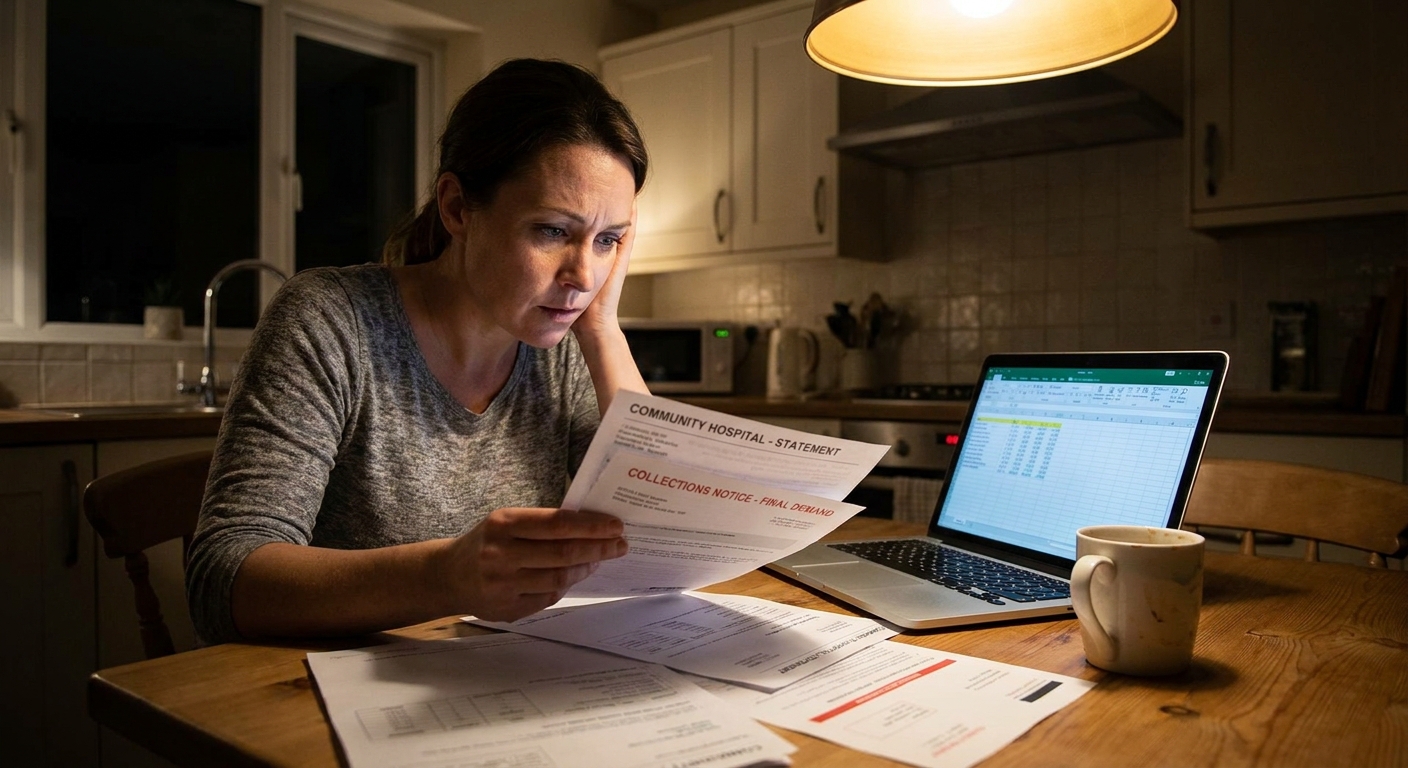 A real photo of a person at a kitchen table reviewing a medical bill and a collections notice with a laptop and a mug nearby, evening indoor lighting