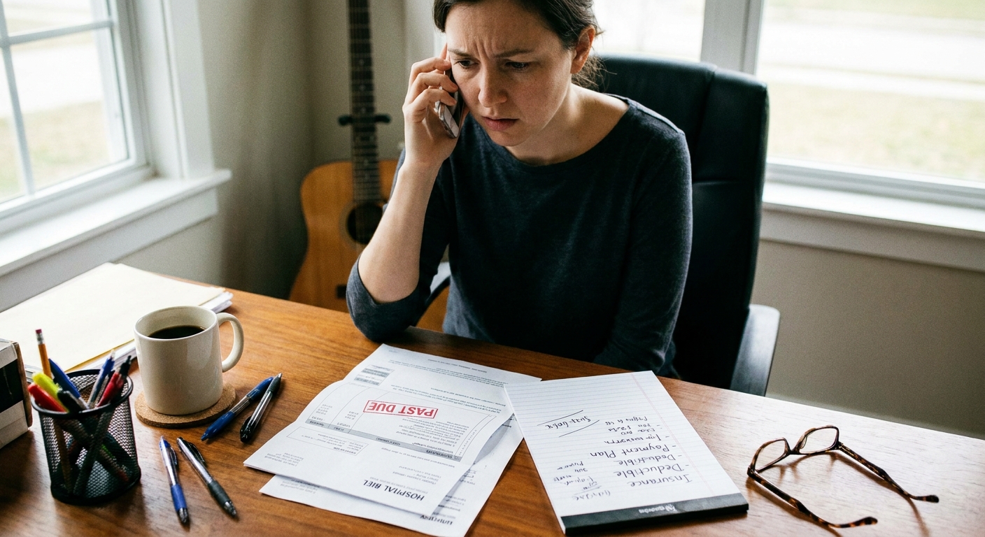 A real photo of a person seated at a desk on a phone call with a hospital bill open and a notepad for notes