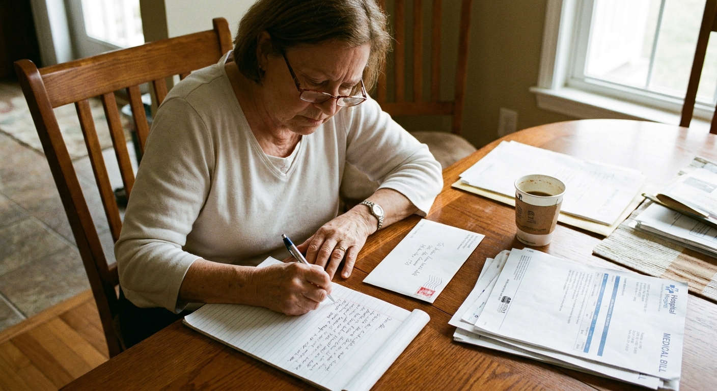 A real photo of a person writing a letter at a dining table with a stamped envelope, a notepad, and medical statements nearby