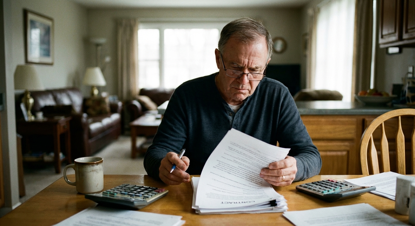 A real photo of an adult at home reviewing a contract on paper with a pen in hand and a calculator nearby, serious mood, shallow depth of field