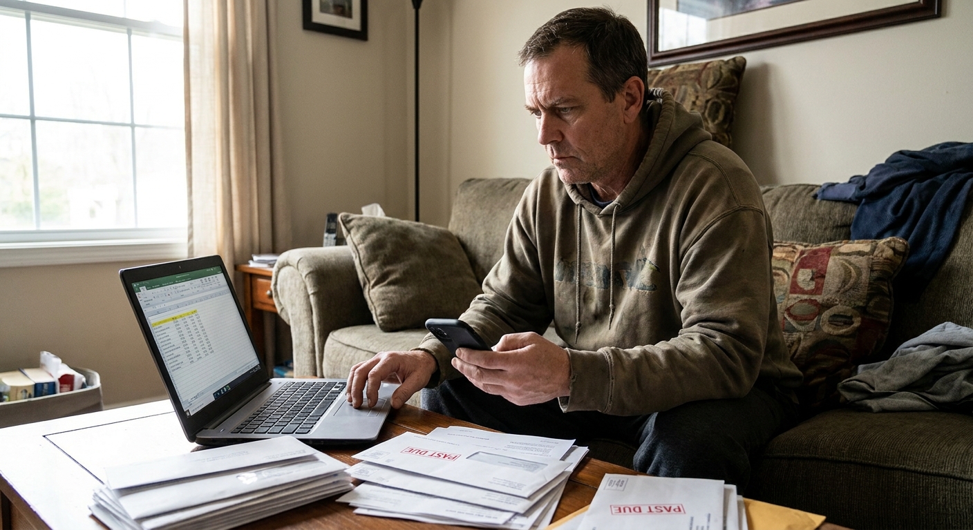 A real photo of an adult borrower sitting in a living room holding a phone and looking at a laptop with bills nearby, serious focused expression