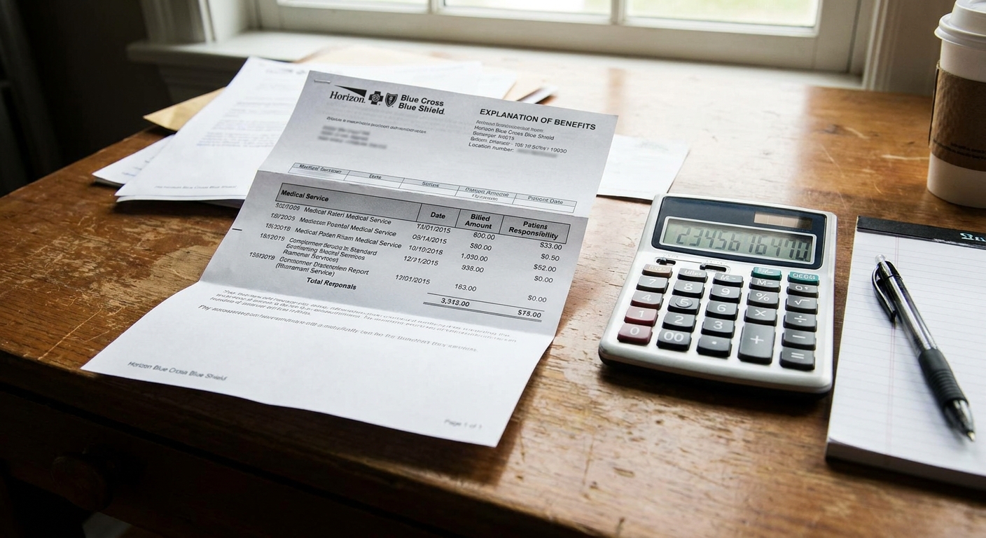 A real photo of an insurance explanation of benefits document on a desk next to a calculator and a pen, neutral daylight
