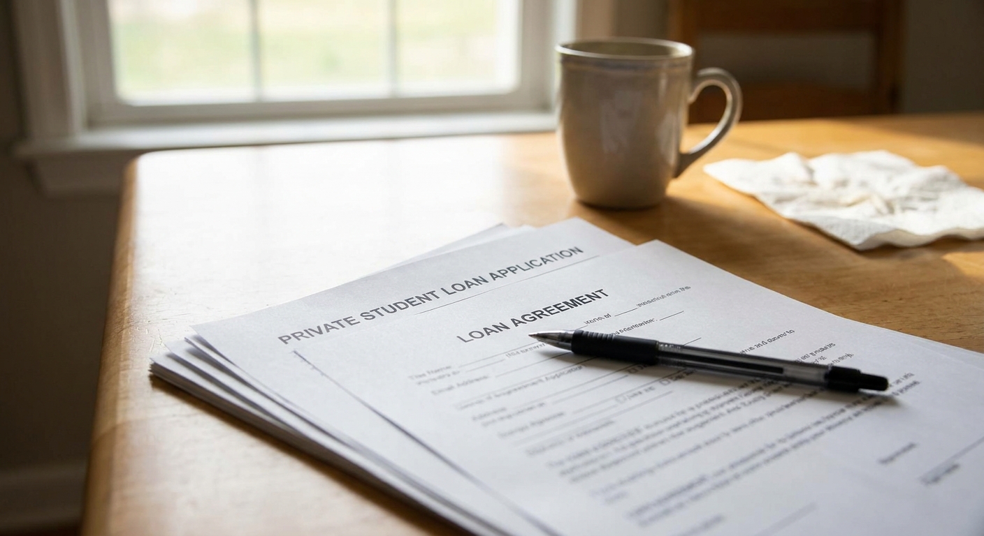 A real photo of private student loan documents and a pen on a kitchen table with soft morning light, paperwork-focused scene