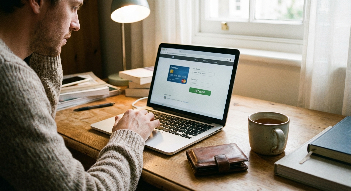 A real photograph of a person at a desk using a laptop to make an online credit card payment, with a wallet and a cup of tea nearby, soft indoor lighting