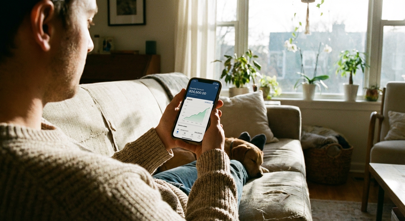 A real photograph of a person holding a smartphone showing a savings account balance screen in a banking app while sitting on a couch at home, natural afternoon light