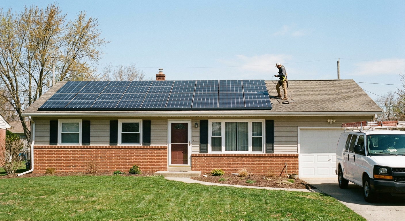 A real suburban single-family home with rooftop solar panels newly installed on a sunny day, with a technician standing on the roof near the panel array, documentary-style photograph
