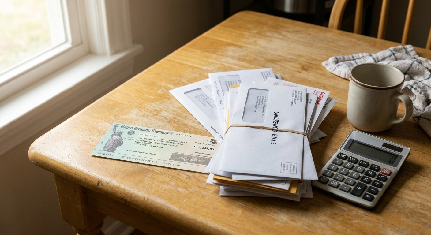 A real tax refund check and a stack of unopened bills on a kitchen table with a calculator nearby, natural window light, candid photo