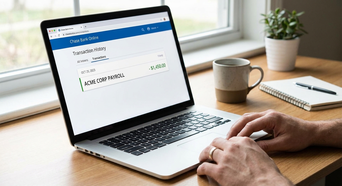 A realistic photo of a laptop on a desk showing an online banking page with a direct deposit line item, with a person’s hands resting near the keyboard, natural indoor lighting