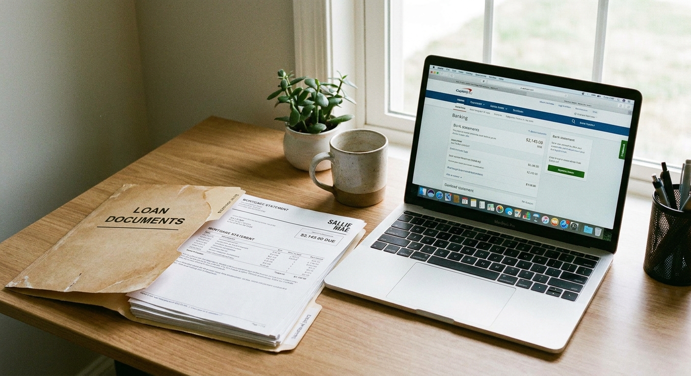 A realistic photo of a manila folder and printed loan statements on a tidy desk next to a laptop, natural light