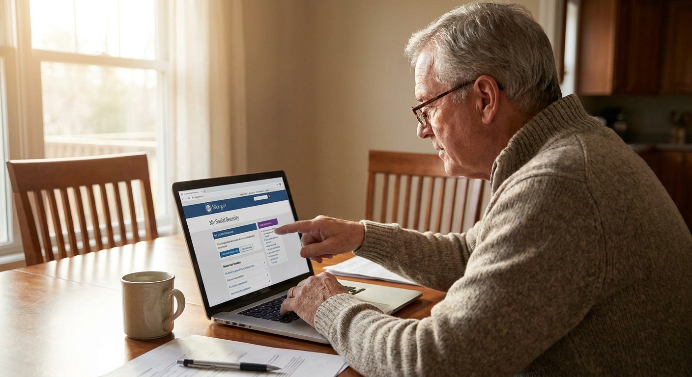 A realistic photo of an older adult seated at a dining table using a laptop, reviewing an SSA account page, warm natural window light