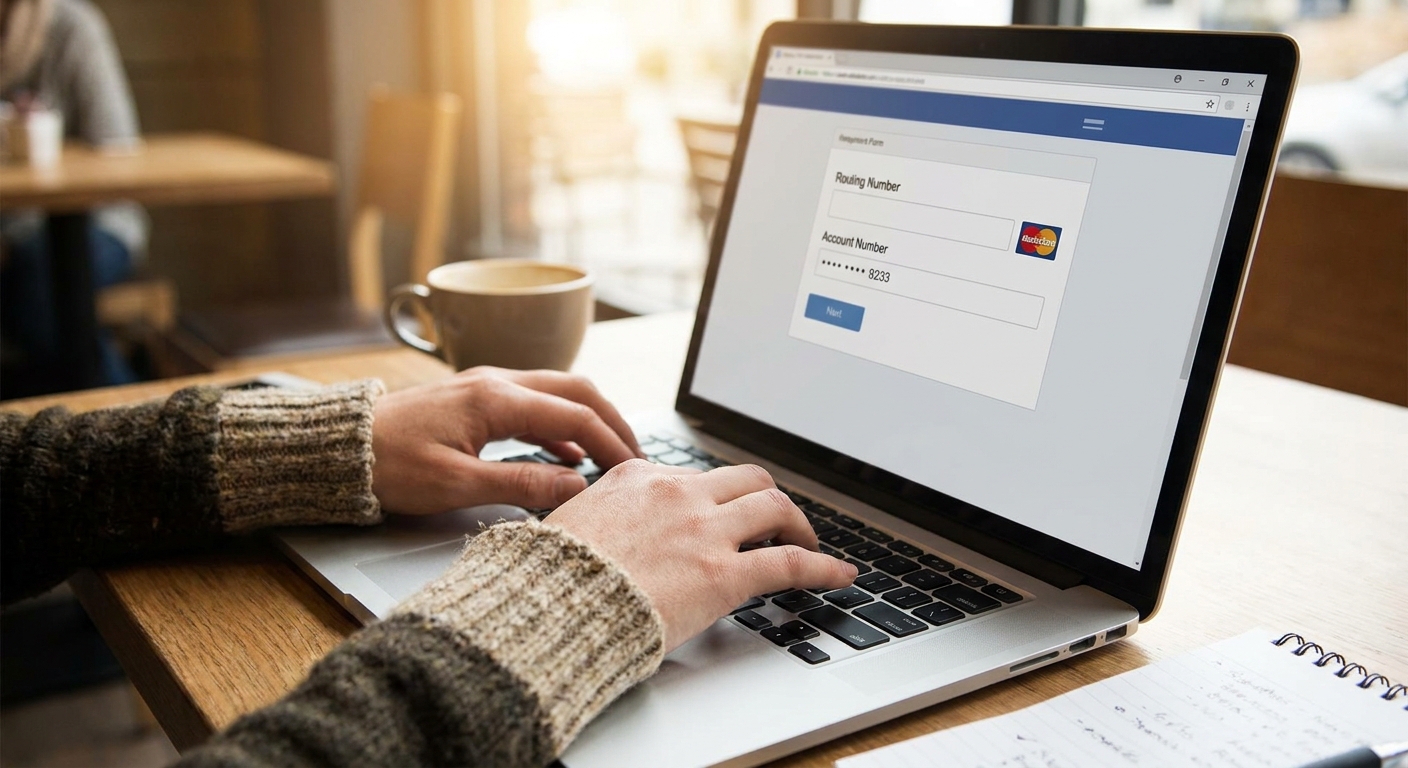 A realistic photo of hands typing on a laptop while entering bank routing and account numbers on a payment setup page