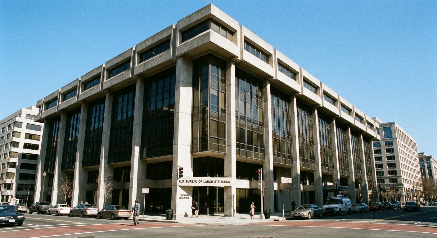 A realistic photo of the U.S. Bureau of Labor Statistics building exterior in Washington, DC on a clear day, news photography style