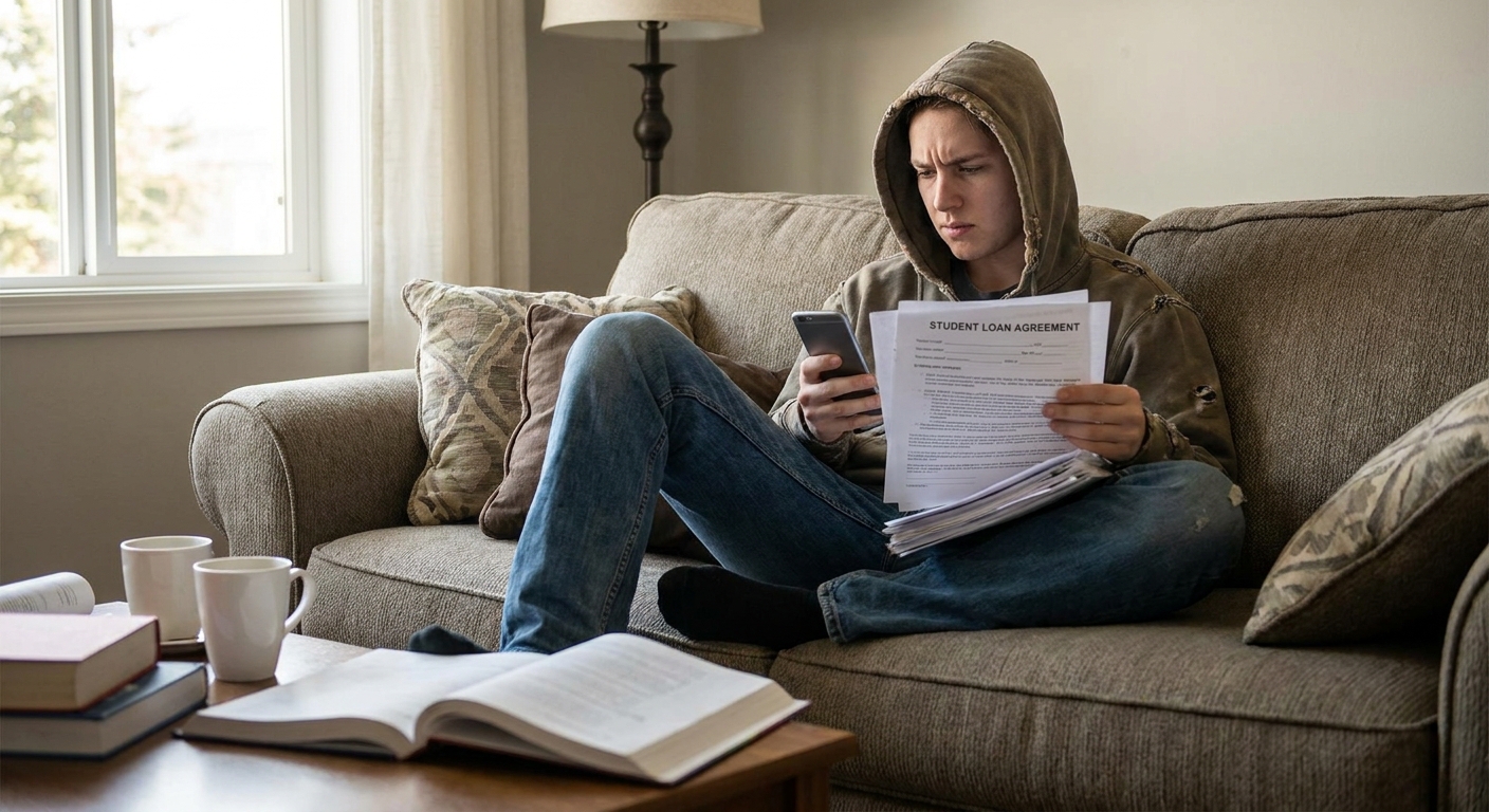 A recent college graduate sitting on a couch holding loan paperwork and looking worried while scrolling on a phone, natural indoor lighting, real photograph