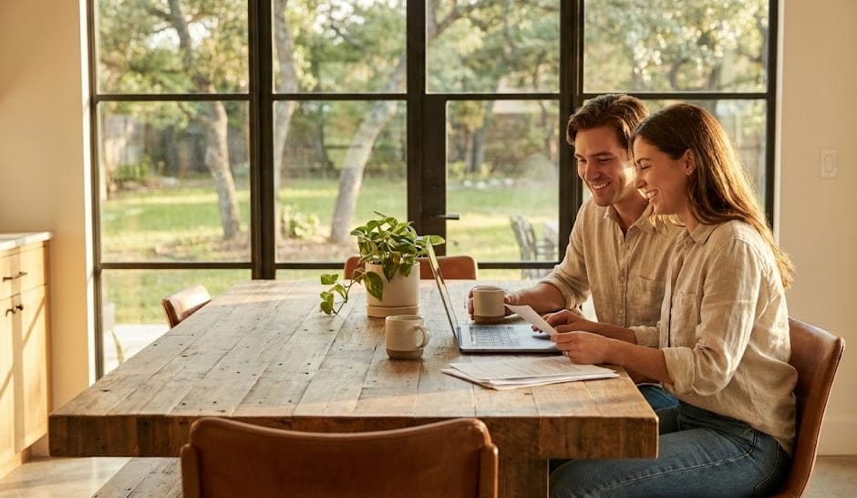 A recently unemployed person sitting at a kitchen table reviewing health insurance paperwork and a laptop open to plan options, candid real-life photography style