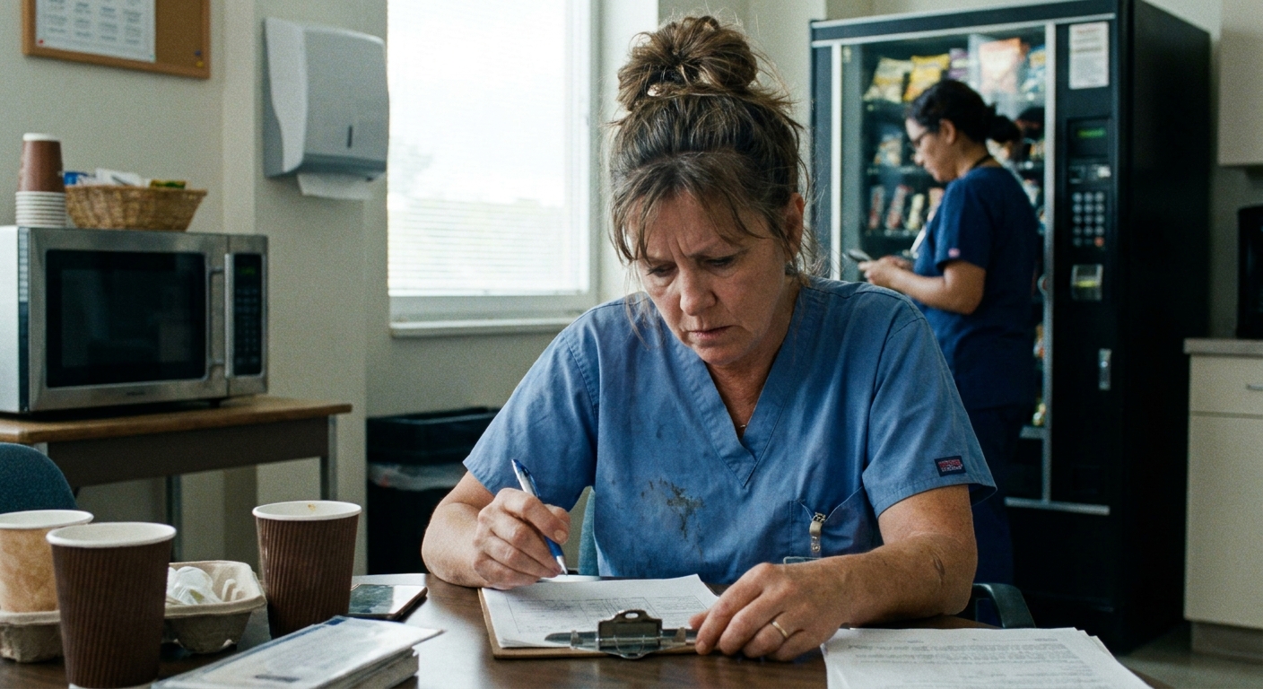 A registered nurse in scrubs reviewing paperwork on a clipboard in a hospital break room, realistic candid photo