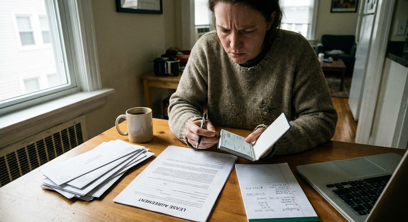 A renter holding a checkbook while looking at a lease contract and monthly budget notes on a desk, candid documentary photo style