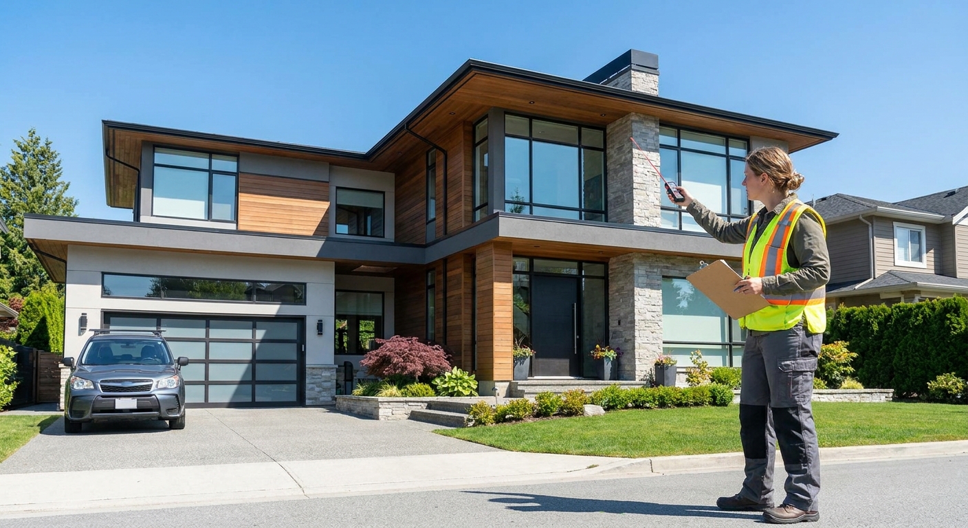 A residential property appraiser measuring the exterior of a large modern home on a clear day, realistic photo