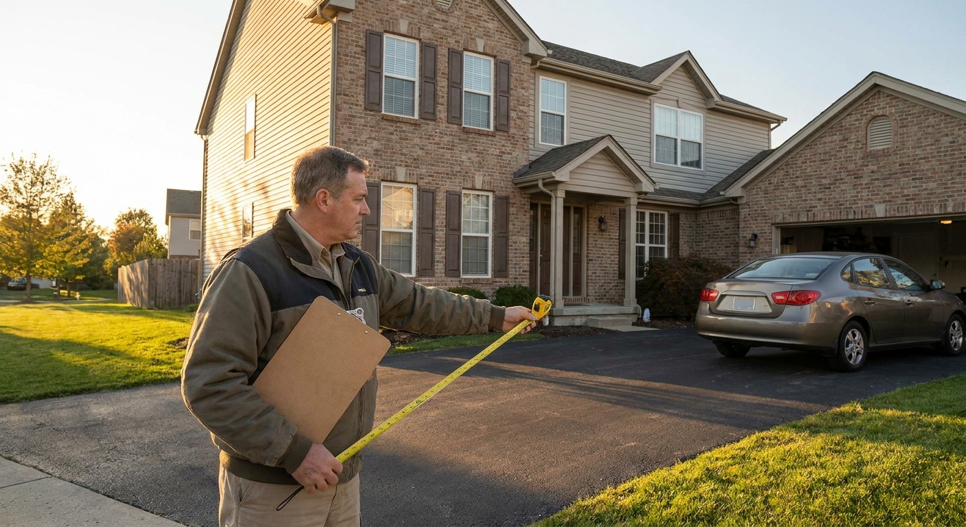 A residential real estate appraiser standing in a driveway measuring the exterior of a suburban home with a tape measure, late afternoon light