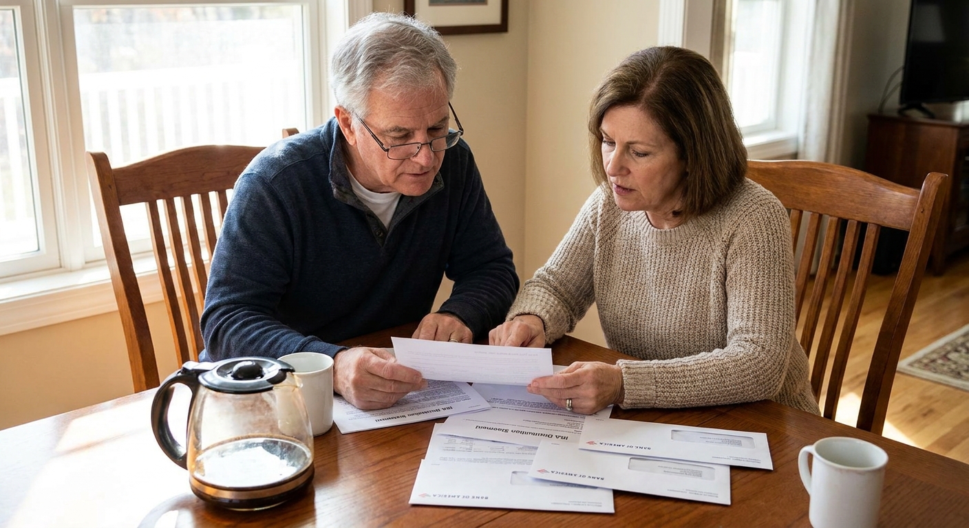A retired couple sitting at a dining table reviewing an IRA distribution statement and bank documents, realistic photo