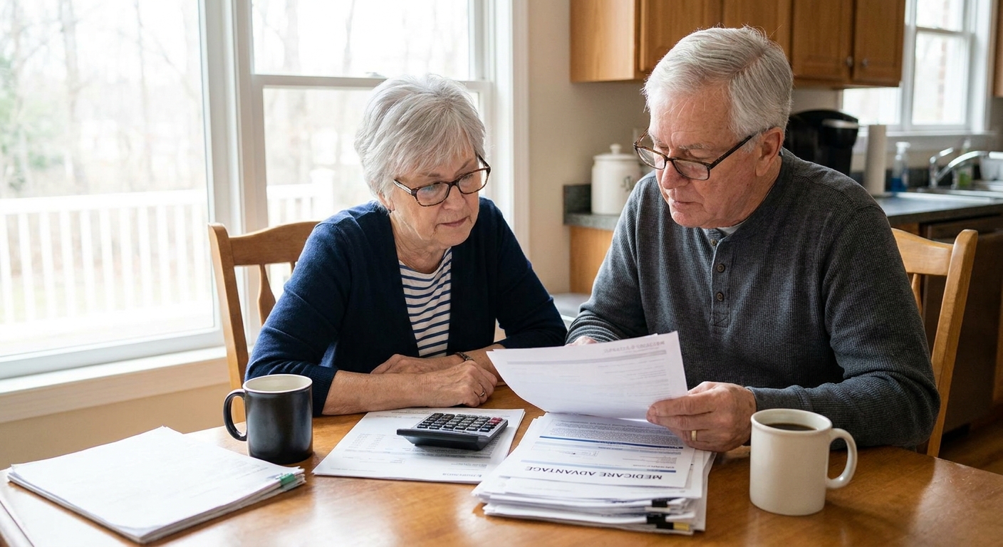 A retired couple sitting at a kitchen table reviewing Medicare paperwork and financial statements with a calculator in natural window light, realistic photo