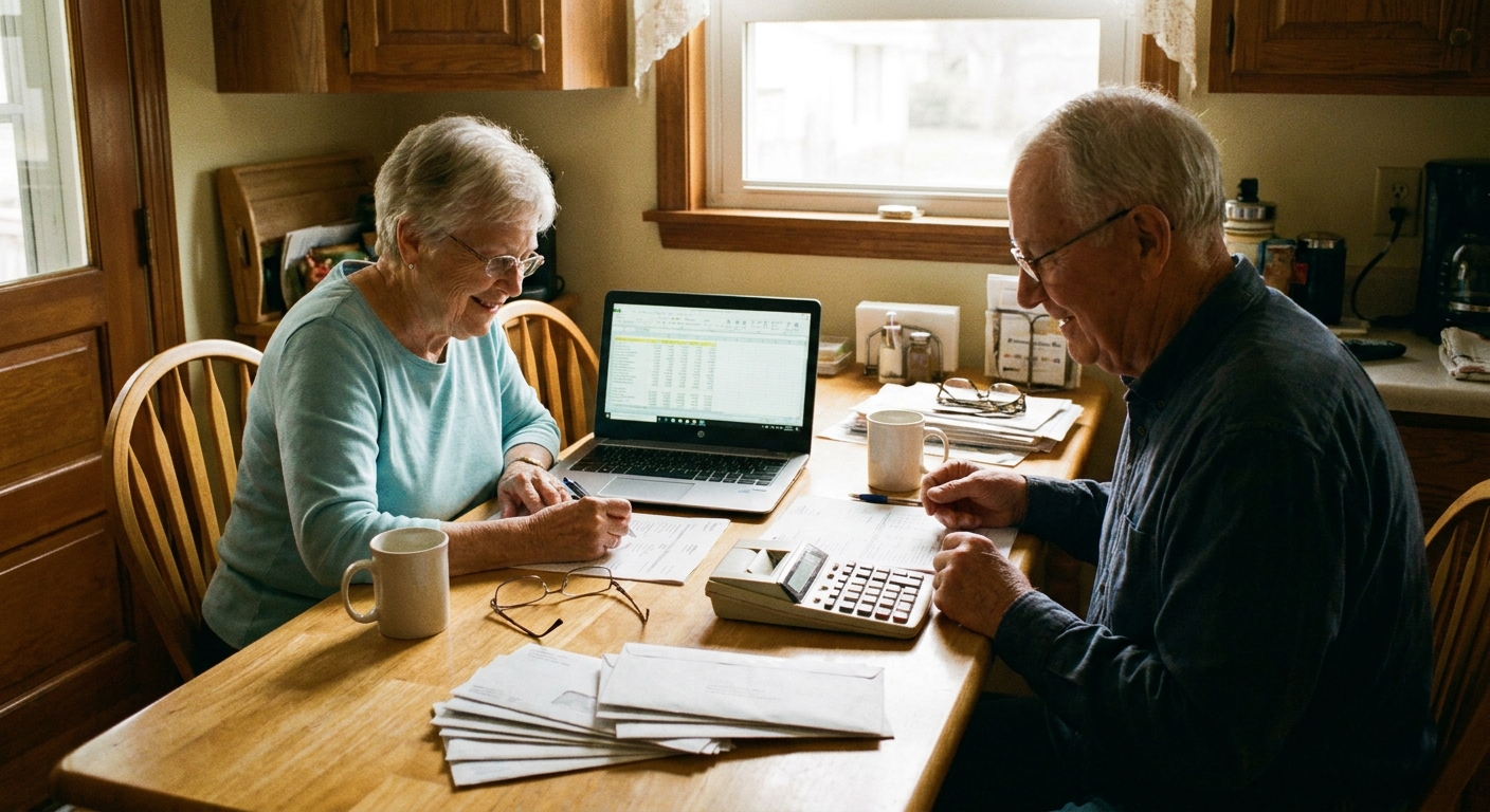 A retired married couple sitting at a kitchen table reviewing paperwork together with a laptop and a calculator, warm natural light, candid photography style