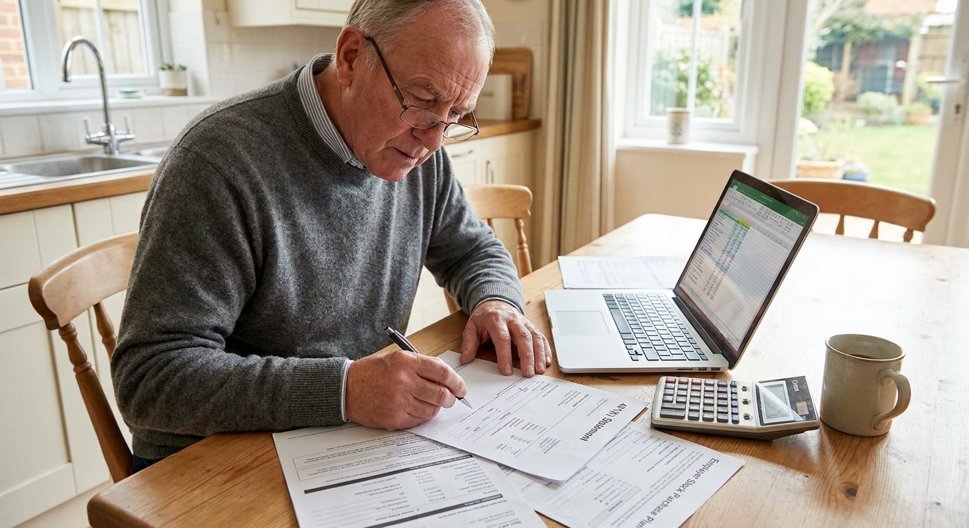 A retiree at a kitchen table reviewing a 401(k) statement and employer stock paperwork with a laptop and a calculator, realistic photography