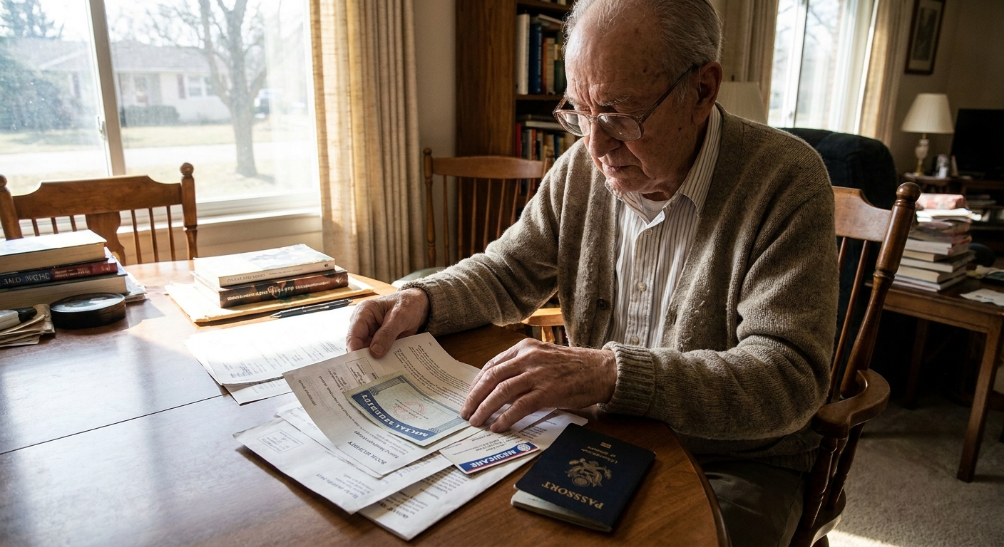 A retiree at home organizing a small stack of retirement documents and identification on a dining table, natural window light