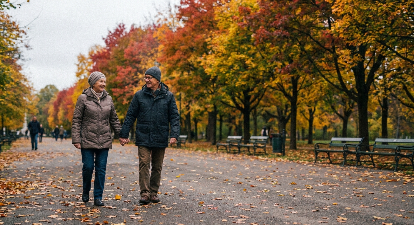 A retiree couple walking on a paved path in a city park with autumn trees in the background, candid realistic photo