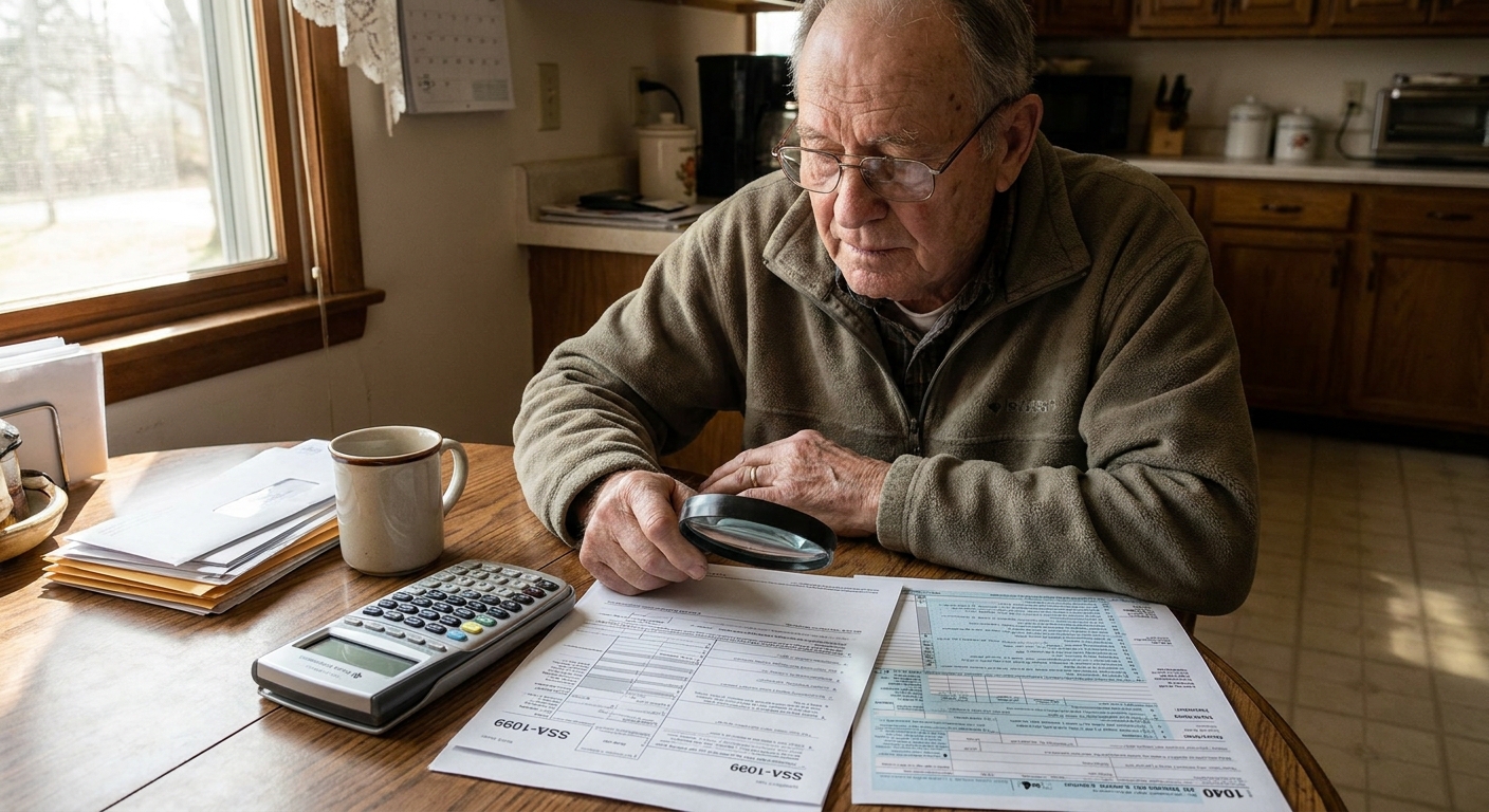 A retiree reviewing Social Security benefit paperwork and tax documents on a kitchen table with a calculator nearby, realistic photo