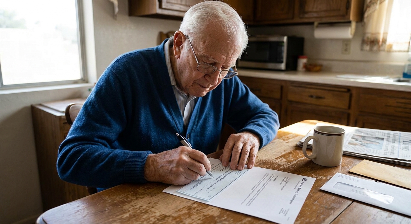 A retiree seated at a kitchen table signing a check from an IRA custodian payable to a local nonprofit organization, natural light, realistic photo