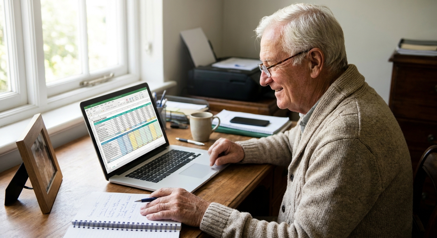 A retiree sitting at a desk using a laptop with a spreadsheet open and a notebook nearby, realistic photo