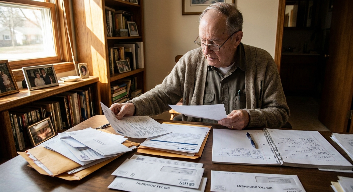 A retiree sitting at a home desk organizing Medicare letters, tax documents, and a notebook, realistic photo