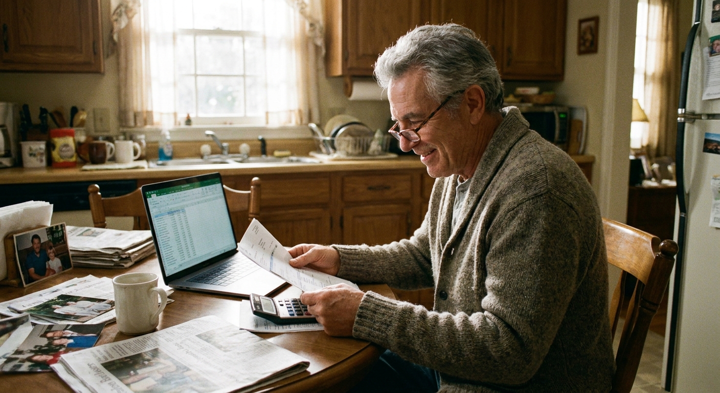 A retiree sitting at a kitchen table reviewing pension paperwork with a calculator and a laptop, candid natural light photography