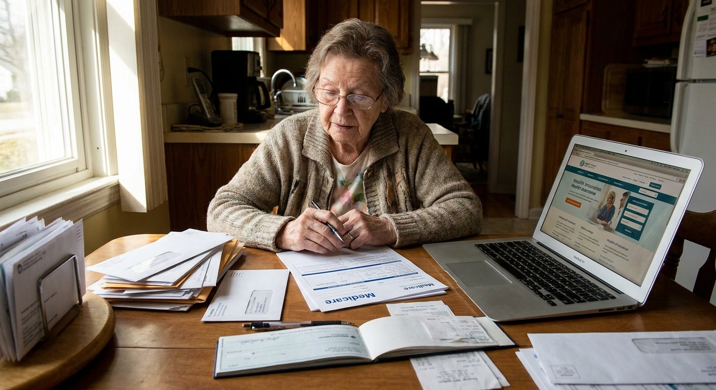 A retiree sitting at a kitchen table sorting Medicare paperwork and a checkbook beside a laptop, natural window light, real-life photo