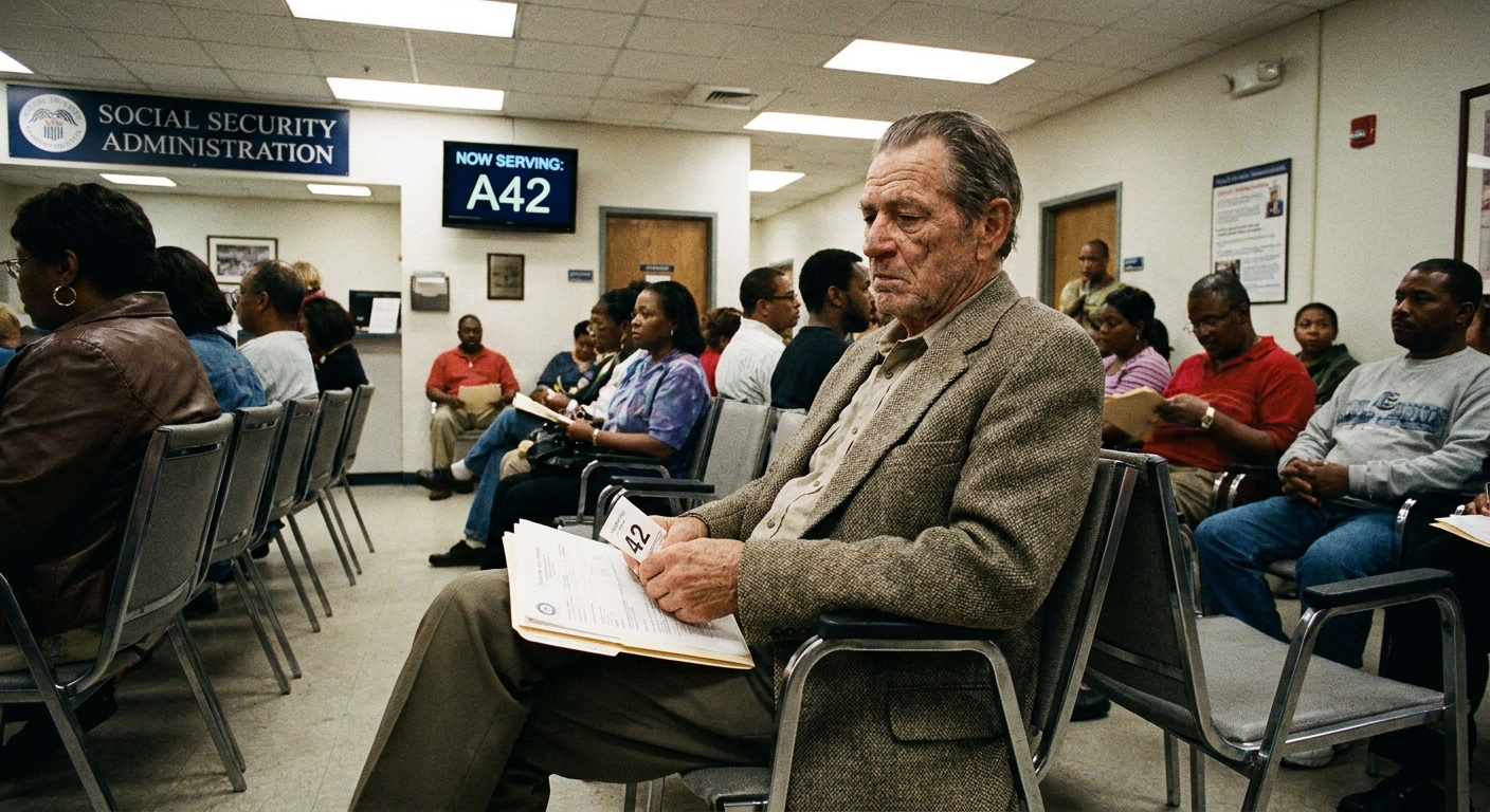 A retiree sitting in a Social Security Administration office waiting room holding paperwork, candid real-life photography style