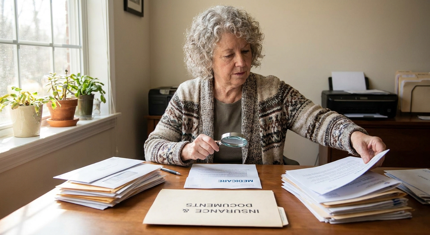 A retiree woman in a home office sorting insurance letters and a folder of documents on a desk, natural light, real photo