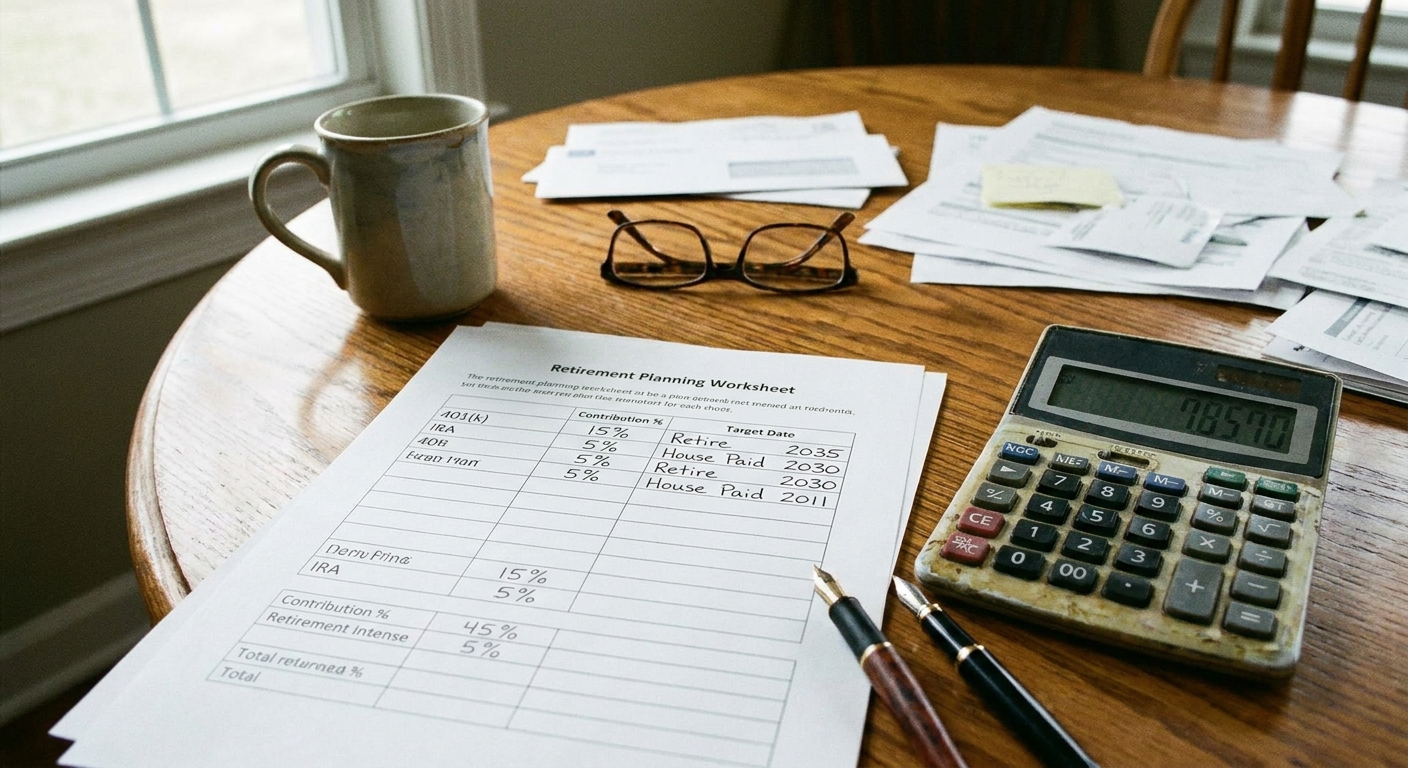A retirement planning worksheet with contribution percentages and target dates filled in next to a calculator and pen on a table