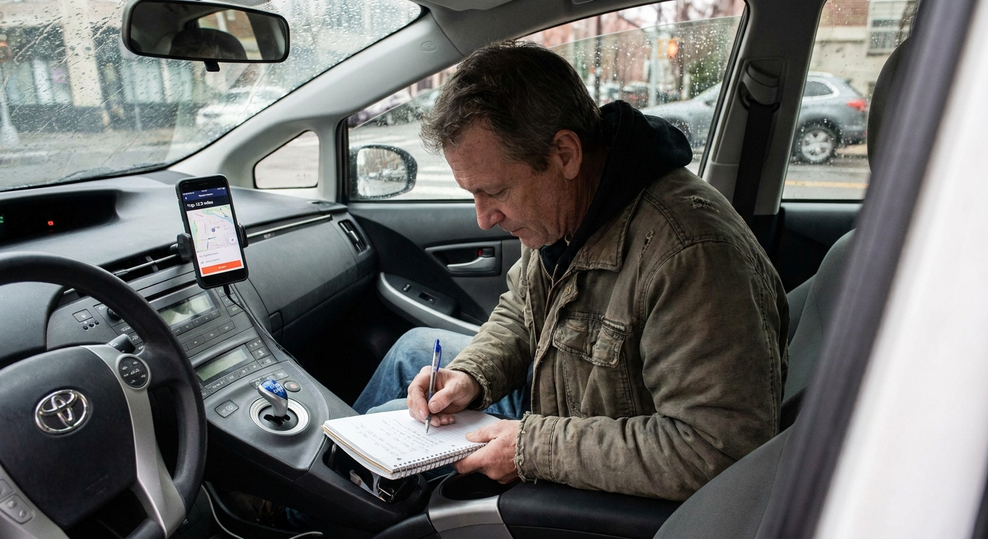A rideshare driver in a parked car writing in a small notebook with a smartphone showing a mileage tracking app, realistic photo